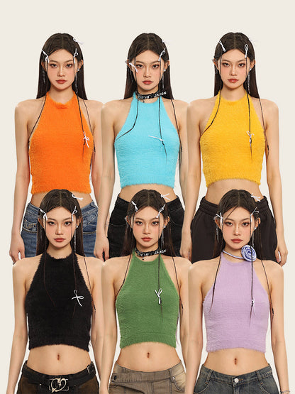 Antmvs Ilas Solid Color Halter Fluff Slim Cropped Top