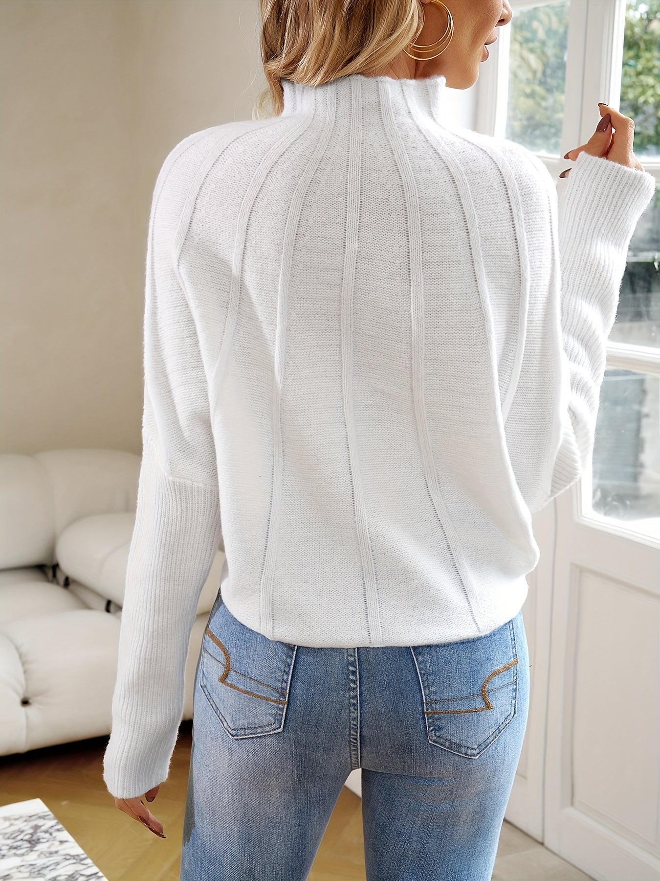 Antmvs Mock Neck Batwing Sleeve Sweater, Elegant Solid Loose Sweater For Fall & Winter, Women's Clothing