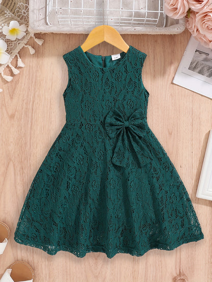 3-10 Years Old Girls Lovely Sleeveless Fit and Flare Lace Party Dress with Bowknot Front - Knee High, Non-Stretch, Solid Color, Casual Style for Summer