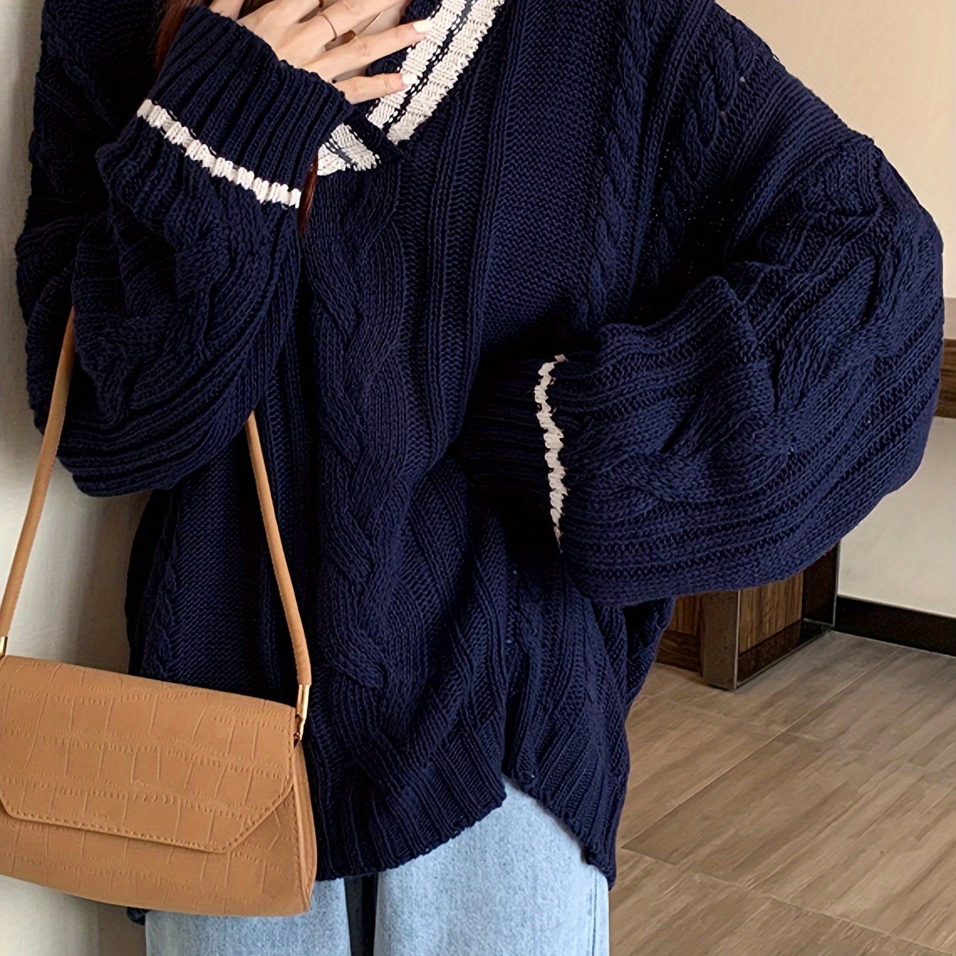 Antmvs Cable Knit V Neck Pullover Sweater, Casual Long Sleeve Oversized Sweater, Women's Clothing