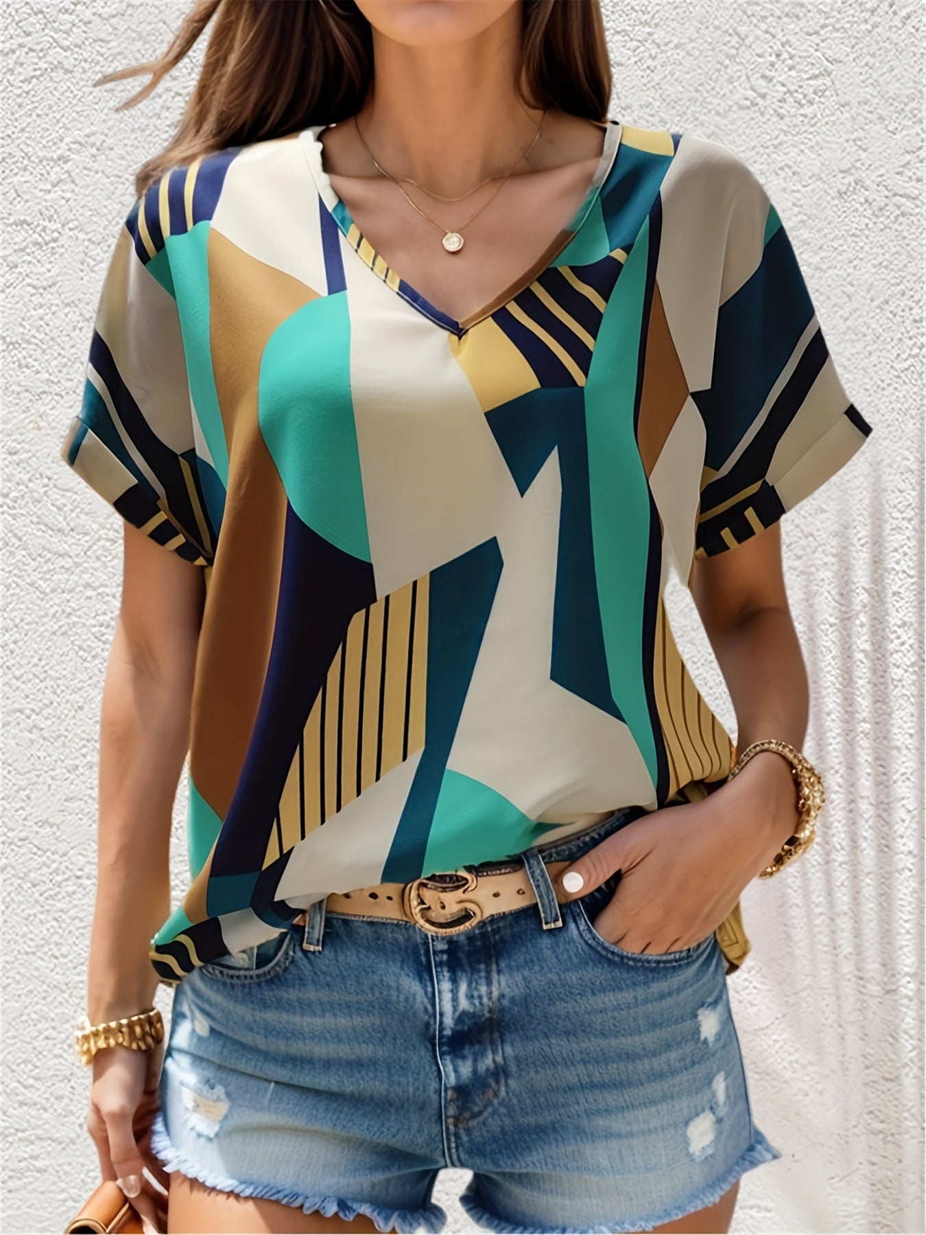 Antmvs  Color Block V-neck Blouse, Casual Short Sleeve Blouse For Spring & Summer, Women's Clothing