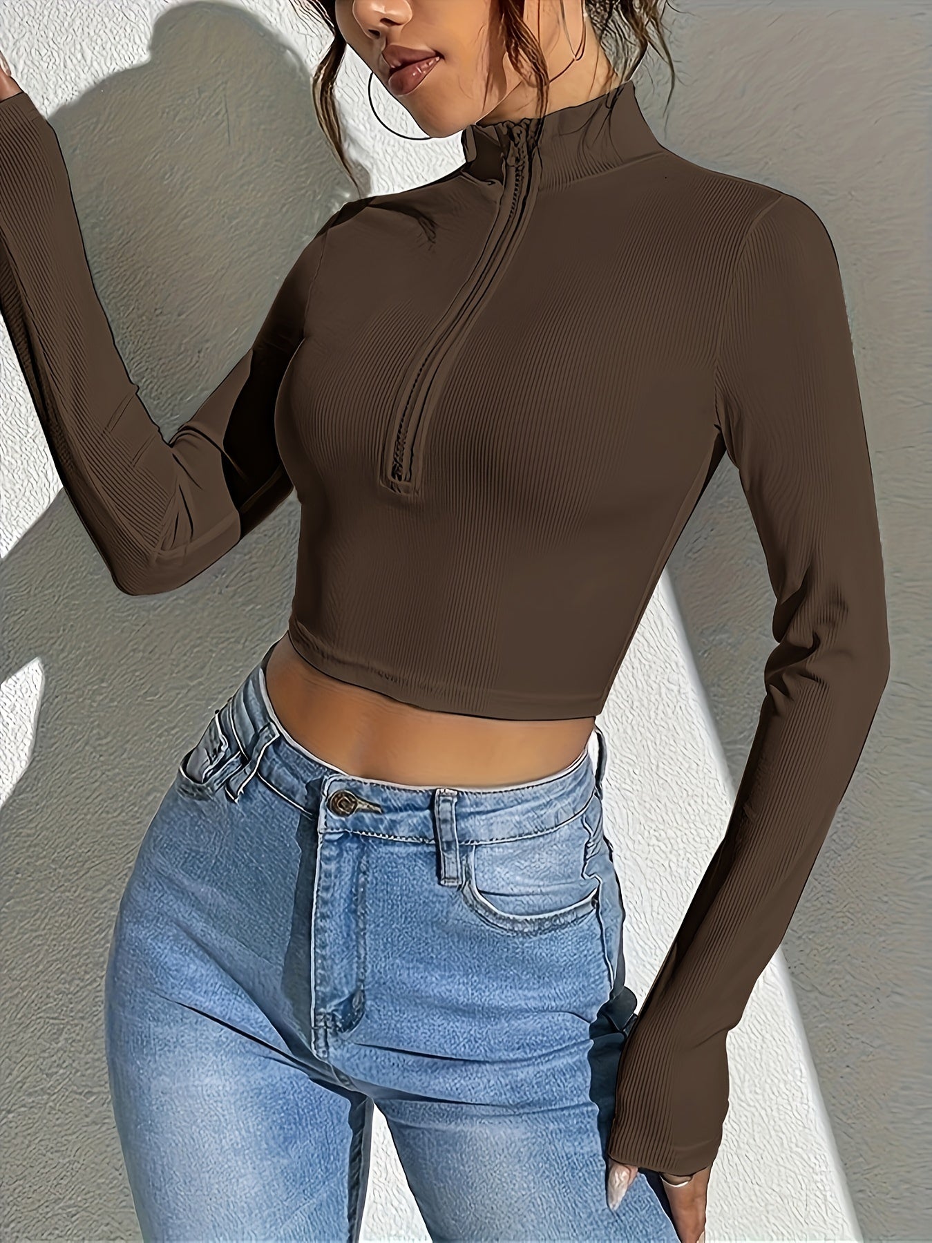 Antmvs Ribbed Zip Front Crop T-Shirt, Casual Long Sleeve Top For Spring & Fall, Women's Clothing
