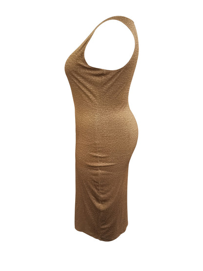 Antmvs Plus Size Casual Dress, Women's Plus Solid Notched Neck Medium Stretch Bodycon Tank Dress