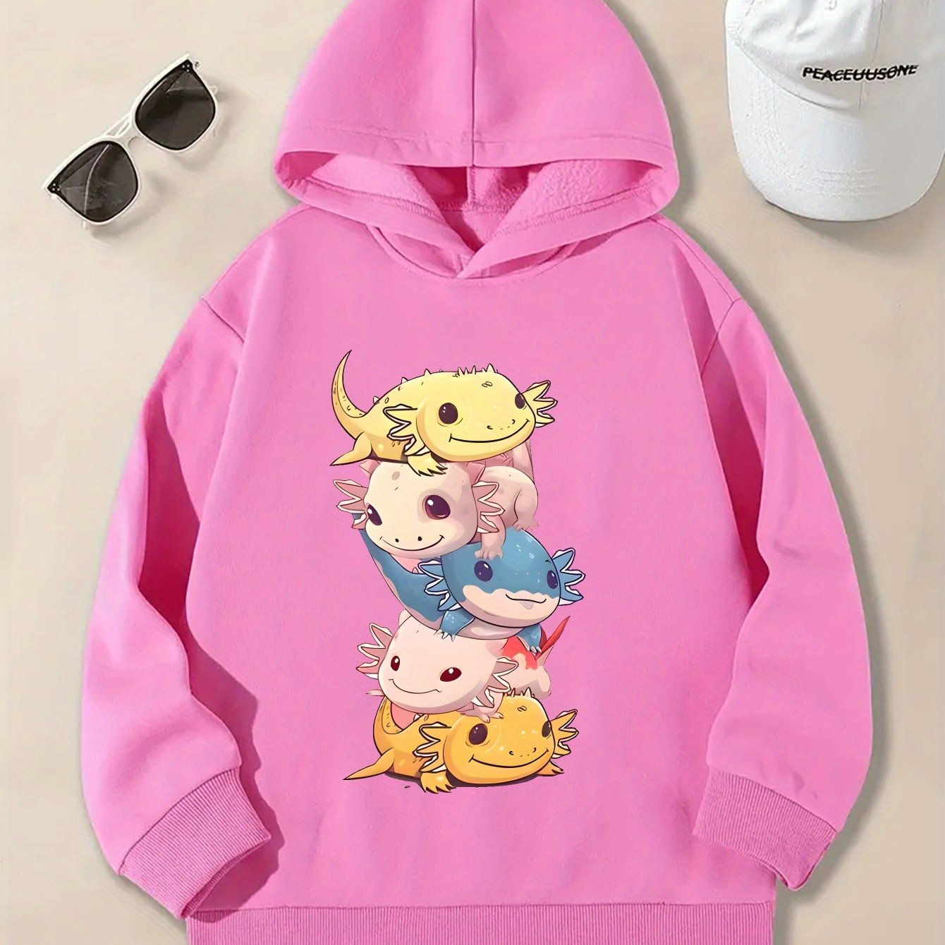 Stylish Cartoon Axolotls Graphic Print Hoodie - Soft Fleece Lining, Warm, Long Sleeve, Trendy, and Cozy for Girls' Streetwear - Perfect for Fall and Winter Seasons