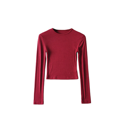 Antmvs Willy Solid Color Ribbed Round Neck Slim Long Sleeve Cropped Bodysuit Top