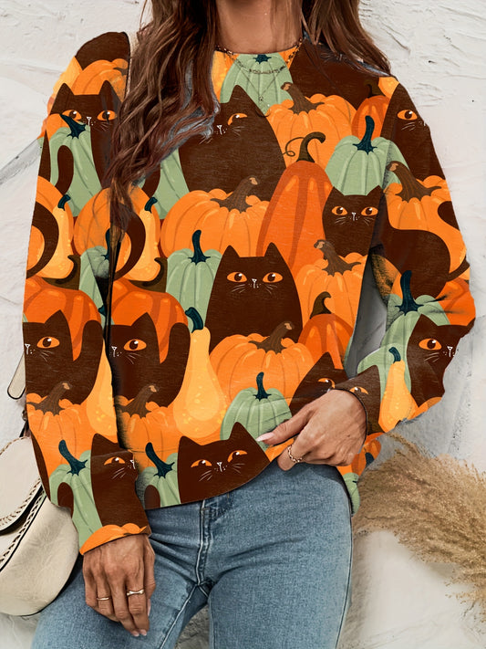 Antmvs Plus Size Halloween Casual Sweatshirt, Women's Plus Allover Pumpkin & Cat Print Long Sleeve Round Neck Pullover Top