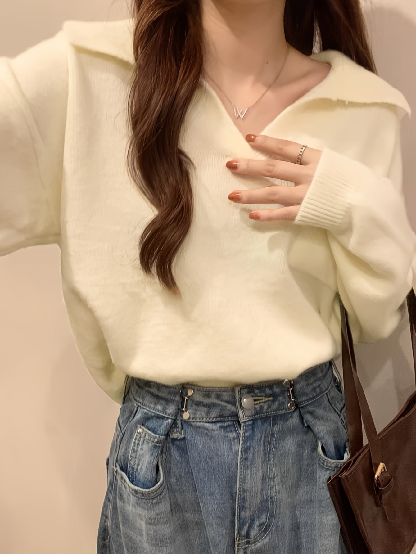 Antmvs Solid Notched Collar Pocket Sweater, Casual Long Sleeve Drop Shoulder Sweater, Women's Clothing