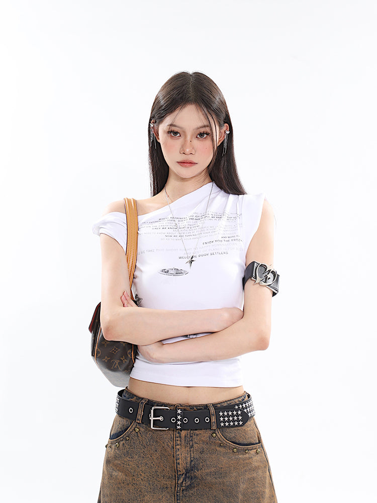 Antmvs Loid Solid Color Graphic Letter Print Off-the-Shoulder Irregular Slim Slanted Shoulder Top