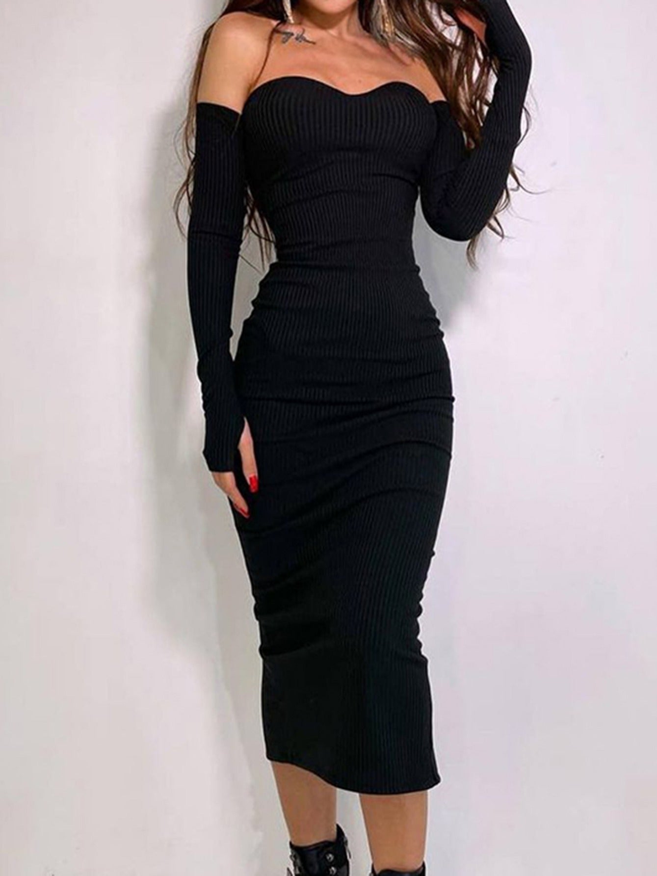 Antmvs Women's Dresses Women Fall Sexy V Neck Knit Long Sleeve Solid Ribbed Bodycon Midi Dresses