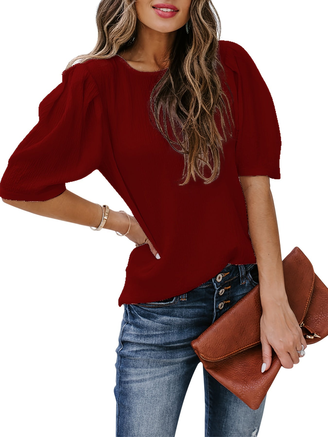 Antmvs  Solid Short Sleeve Blouse, Crew Neck Casual Every Day Top For Summer & Spring, Women's Clothing