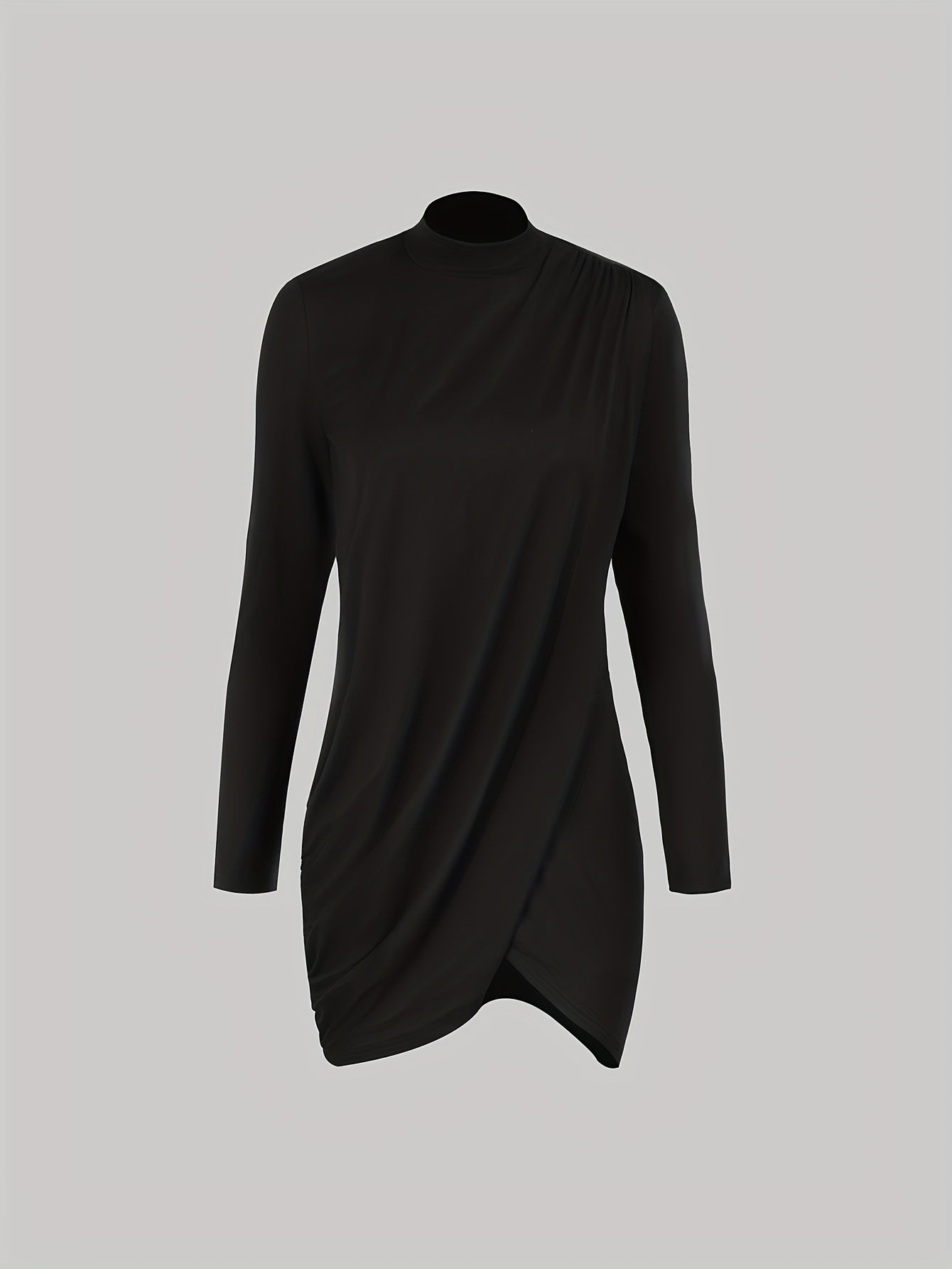 Antmvs Solidcolor Mock Neck Wrap Dress, Elegant Long Sleeve Dress For Spring & Fall, Women's Clothing