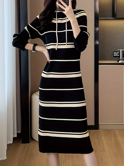 Antmvs Striped Pattern Drawstring Dress, Casual Hooded Bodycon Midi Dress, Women's Clothing