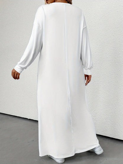 Antmvs Plus Size Casual Dress, Women's Plus Letter Print Drop Shoulder Long Sleeve Round Neck Side Split Maxi Dress With Pockets