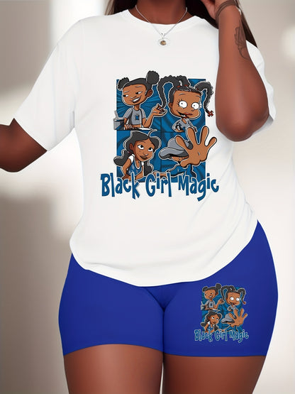 Plus Size Women's 2-Piece Set - Vibrant "Black Girl Magic" Graphic Tee and Matching Blue Shorts - Inspirational Casual Summer Outfit with Relaxed Fit, Breathable Fabric, and Stylish Design for Confident Women