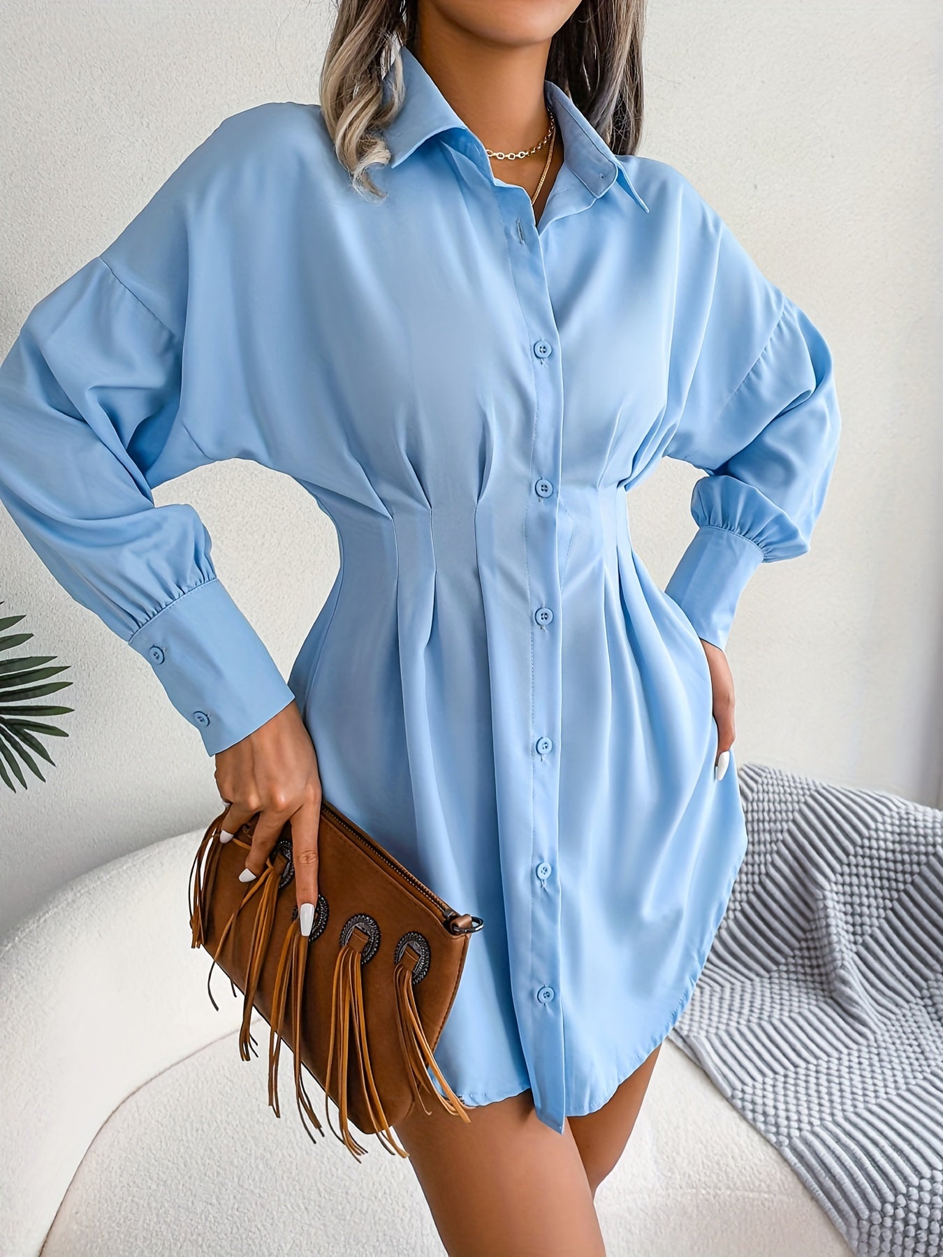 Antmvs Long Sleeve Mini Shirt Dress, Button Up Casual Dress For Fall & Spring, Women's Clothing