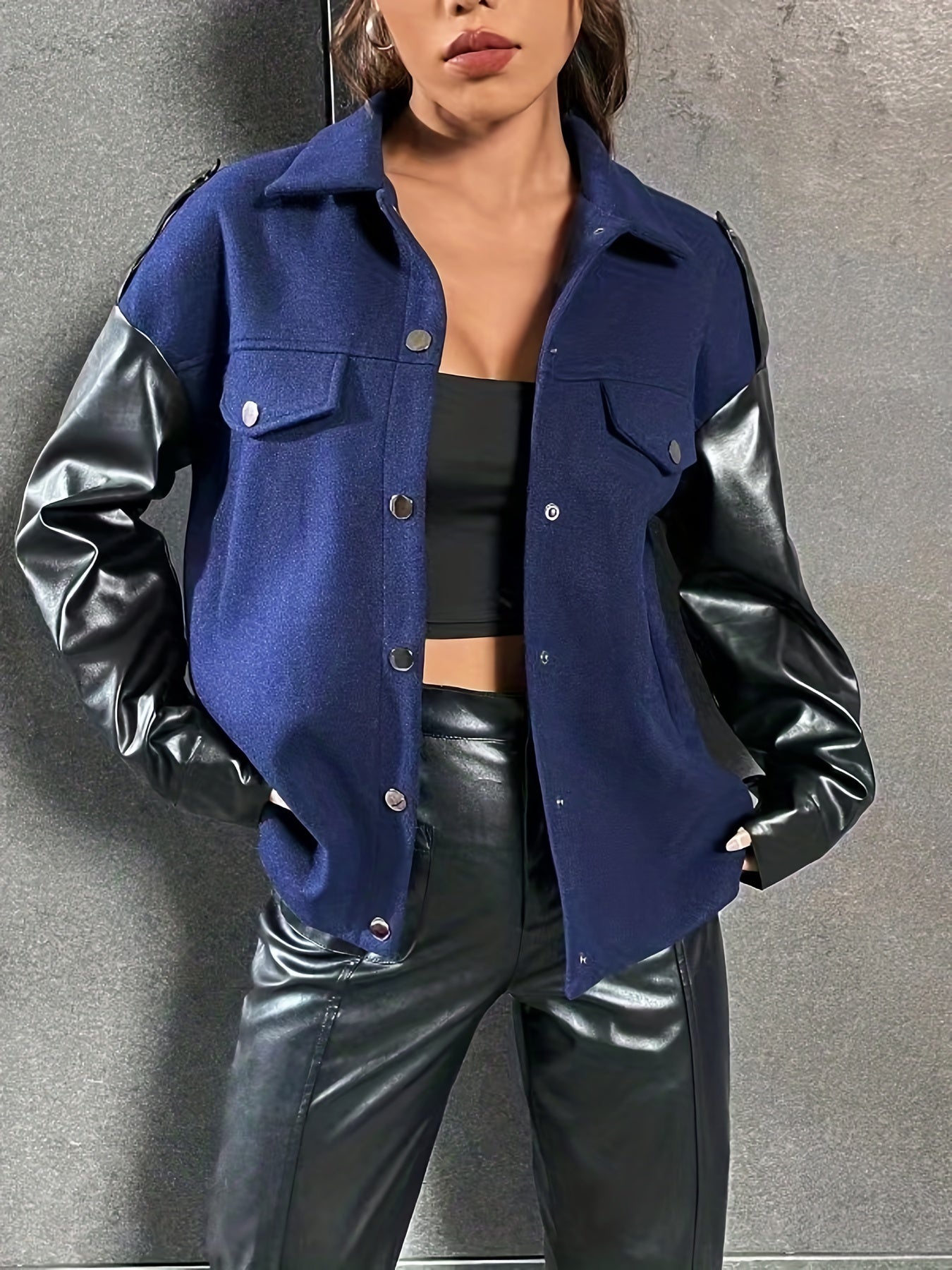 Antmvs Faux Leather Splicing Color Block Jacket, Vintage Long Sleeve Drop Shoulder Jacket, Women's Clothing