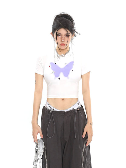 Antmvs Mariposa Solid Color Butterfly Image Print Short Sleeve Slim Cropped Top