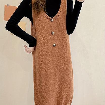 Antmvs Plunging Solid Midi Dress, Elegant Sleeveless Knitted Dress With Buttons, Women's Clothing