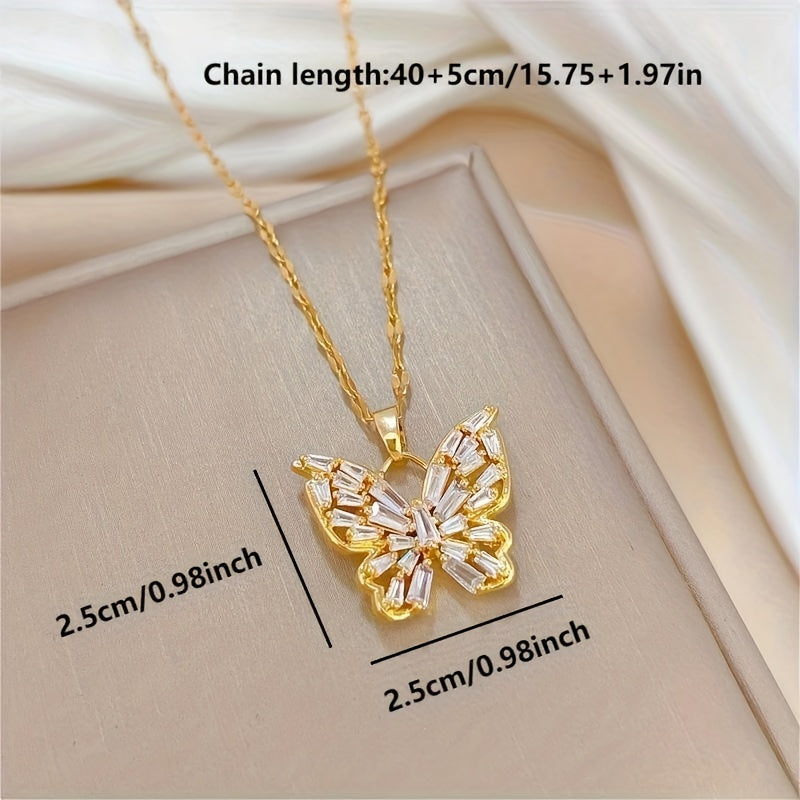 Fashionable French Retro Elegant Light Luxury Style Shiny Zircon Butterfly Pendant Necklace Temperament Women's Necklace The First Choice Gift for Girls and Women