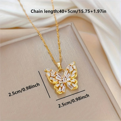 Fashionable French Retro Elegant Light Luxury Style Shiny Zircon Butterfly Pendant Necklace Temperament Women's Necklace The First Choice Gift for Girls and Women