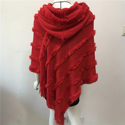 Antmvs Loose Knit Hooded Pullover Poncho Large Solid Color Batwing Tassel Shawl Autumn Winter Travel Outside Windproof Cape