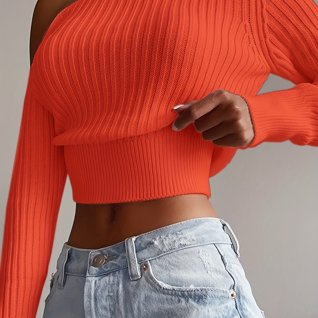 Antmvs Ribbed Asymmetrical Neck Knit Crop Sweater, Sexy Cold Shoulder Long Sleeve Pullover Sweater, Women's Clothing