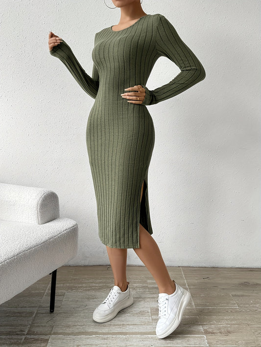 Antmvs Ribbed Solid Split Dress, Casual Crew Neck Long Sleeve Dress, Women's Clothing