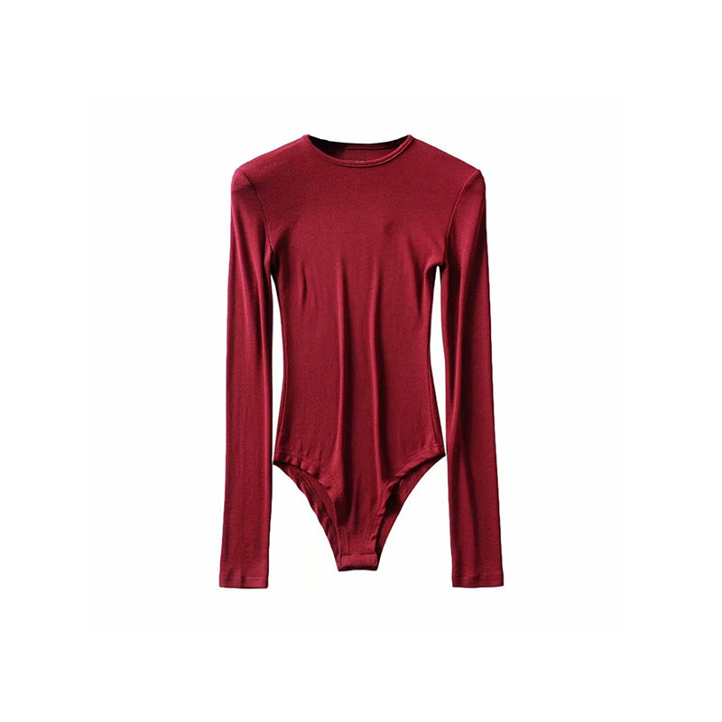 Antmvs Willy Solid Color Ribbed Round Neck Slim Long Sleeve Cropped Bodysuit Top