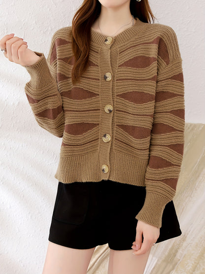 Antmvs Graphic Pattern Button Down Knit Cardigan, Elegant Long Sleeve Sweater Outwear, Women's Clothing