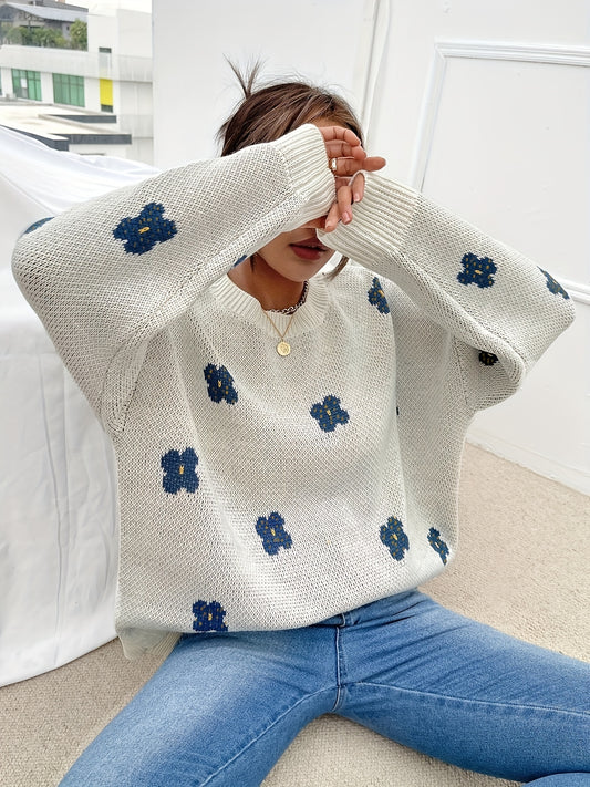 Antmvs Floral Pattern Crew Neck Sweater, Casual Long Sleeve Drop Shoulder Sweater For Fall & Winter, Women's Clothing