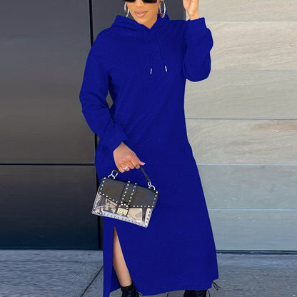 Antmvs Drawstring Split Dress, Casual Hooded Long Sleeve Maxi Dress, Women's Clothing