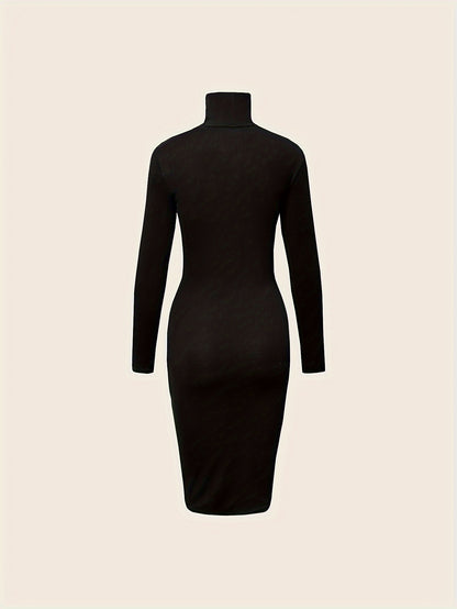 Antmvs Turtleneck Solid Midi Dress, Elegant Long Sleeve Bodycon Dress, Women's Clothing