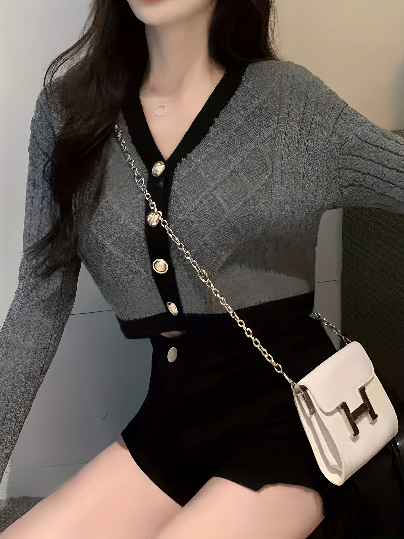 Antmvs Elegant Contrast Trim Button Cardigan, Long Sleeve Cardigan For Spring & Fall, Women's Clothing