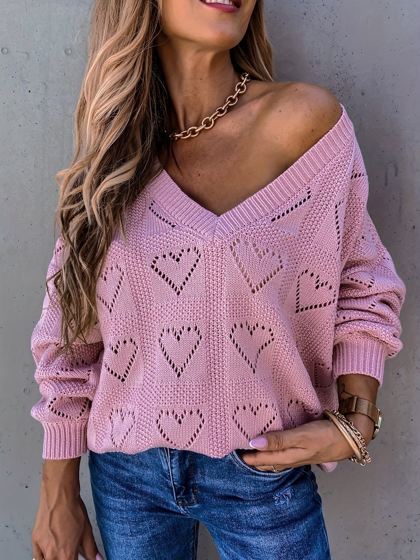 Antmvs Heart Pattern Cut Out V Neck Sweater, Casual Long Sleeve Sweater For Fall & Winter, Women's Clothing