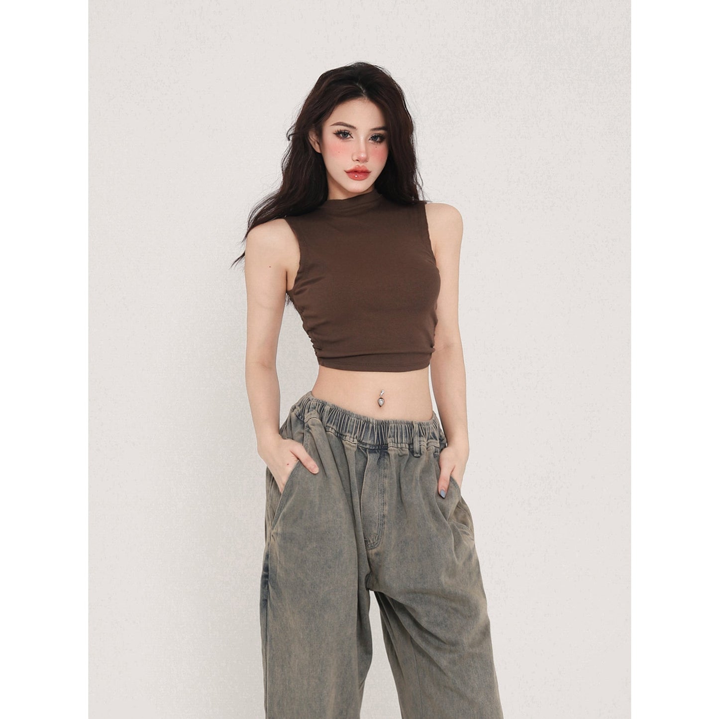 Antmvs Zhou Solid Color Turtleneck Sleeveless Backless Drawstring Pleated Cropped Top