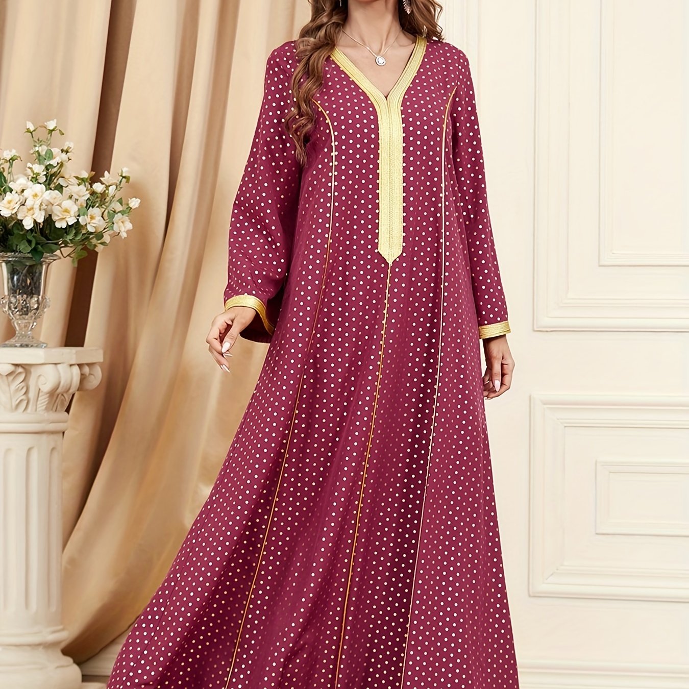 Antmvs Pin Dot Maxi Kaftan Dress, Elegant V Neck Long Sleeve Dress, Women's Clothing