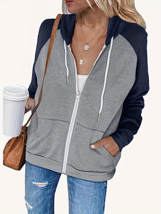 Antmvs Plus Size Casual Coat, Women's Plus Colorblock Zip Up Long Sleeve Drawstring Hooded Sweatshirt Coat With Pockets