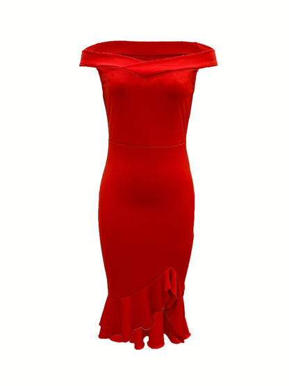 Antmvs Ruffle Hem Solid Dress, Elegant Off Shoulder Bodycon Asymmetrical Party Dress, Women's Clothing