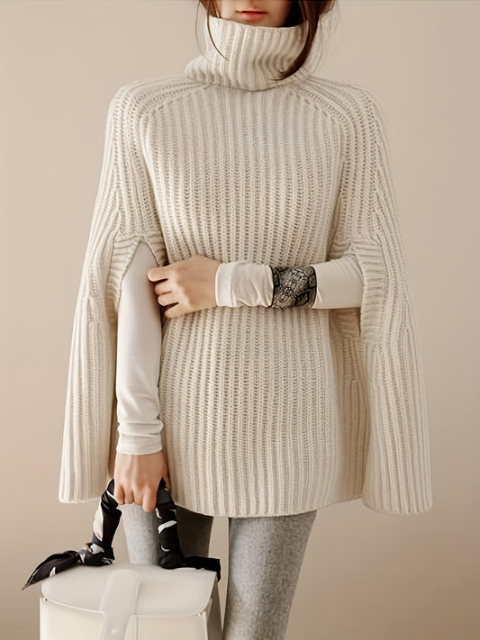 Antmvs Cape Sleeve Turtle Neck Sweater, Elegant Ribbed Knit Sweater For Fall & Winter, Women's Clothing