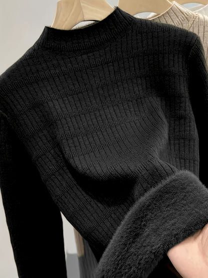 Antmvs Solid Mock Neck Fleece Rib Knit Sweater, Casual Long Sleeve Slim Versatile Sweater, Women's Clothing