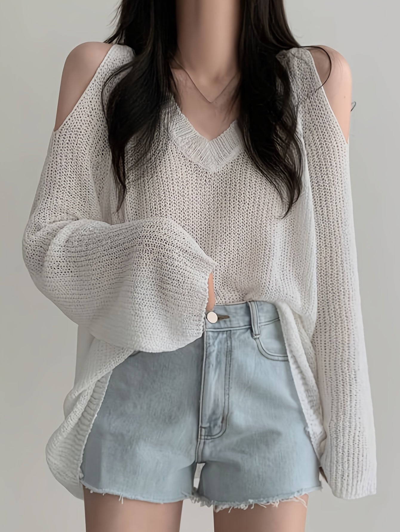 Antmvs Solid V Neck Thin Pullover Sweater, Casual Cold Shoulder Long Sleeve Loose Sweater, Women's Clothing