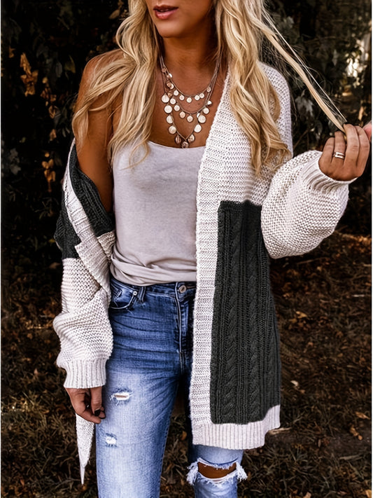 Antmvs Plus Size Casual Cardigan, Women's Plus Colorblock Cable Lantern Sleeve Open Front Cardigan