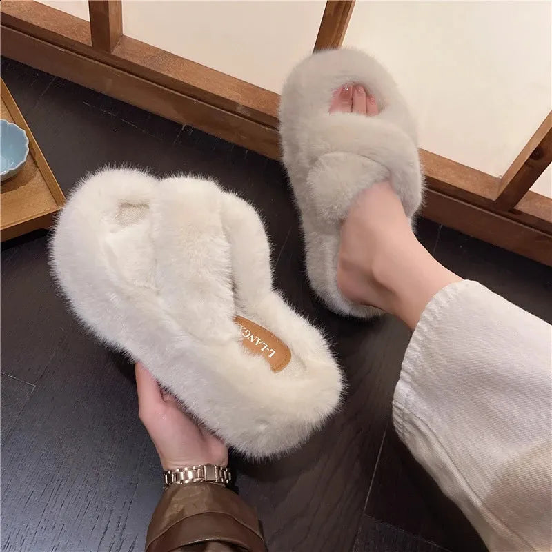 Winter Fluffy Slippers Women House Home Fur Slippers for Women Flat Platform Cozy Fuzzy Indoor Shoes Korean Slides 240830