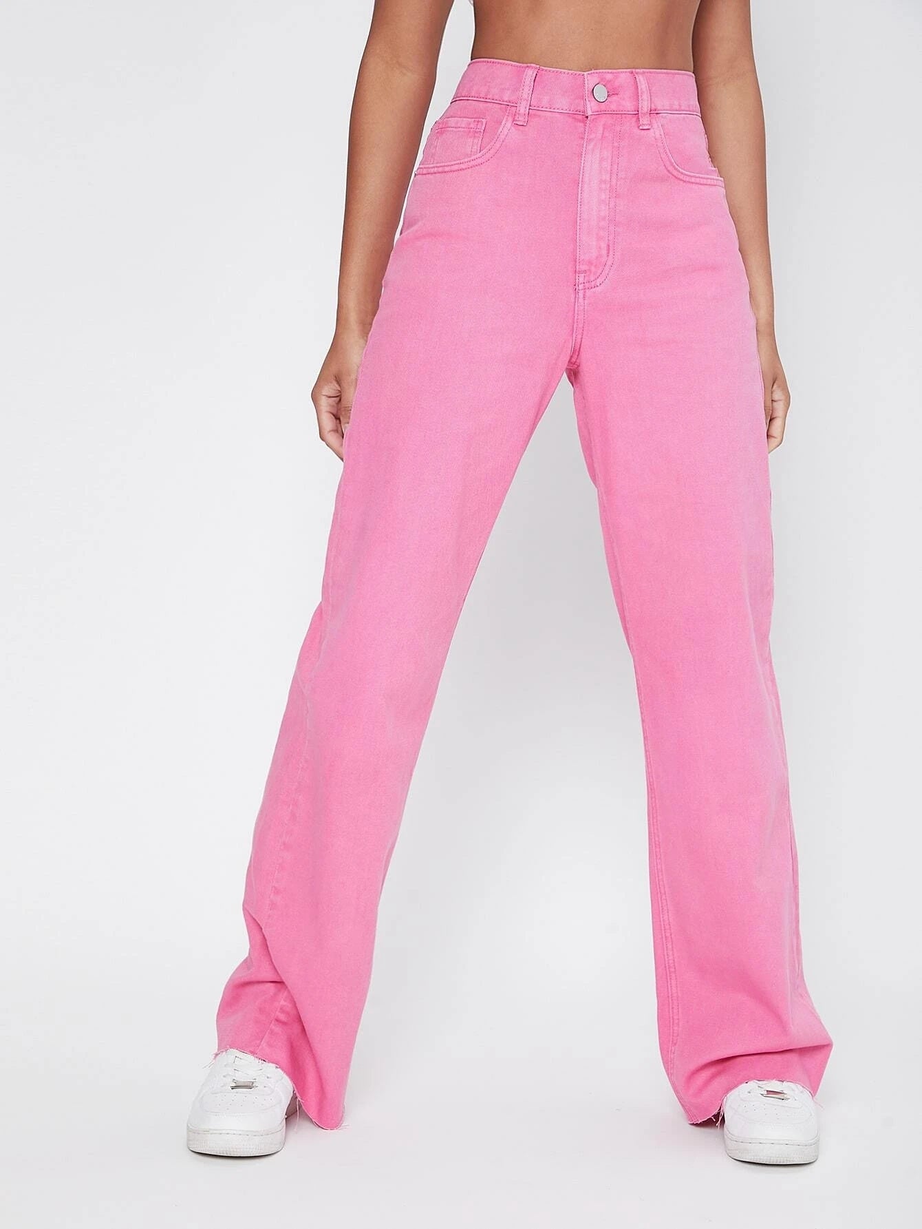Antmvs Pink Raw Cut Straight Jeans, Loose Fit High Rise Slant Pockets Denim Pants, Women's Denim Jeans & Clothing