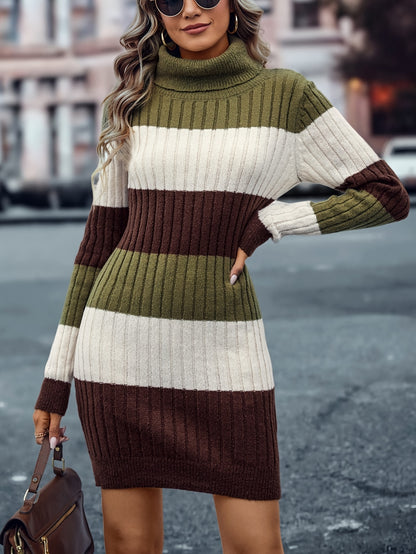 Antmvs Color Block Striped Sweater Dress, Casual Turtleneck Long Sleeve Dress, Women's Clothing