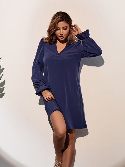 Antmvs Ruffle Trim Simple Dress, Casual V Neck Solid Long Sleeve Dress, Women's Clothing