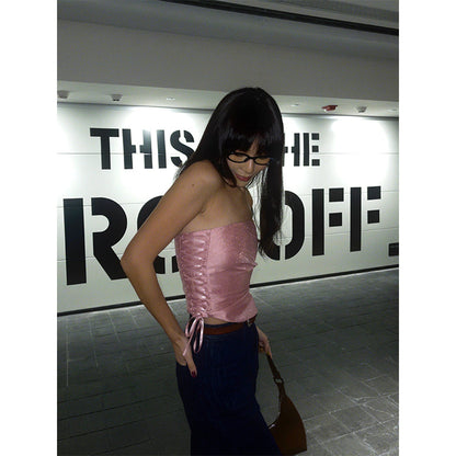 Antmvs Barbie Pink Shiny Pearlescent Fine Shewing Side Ties Irregular Pleated Sleeveless Bandeau Short Cropped Lace Up Top