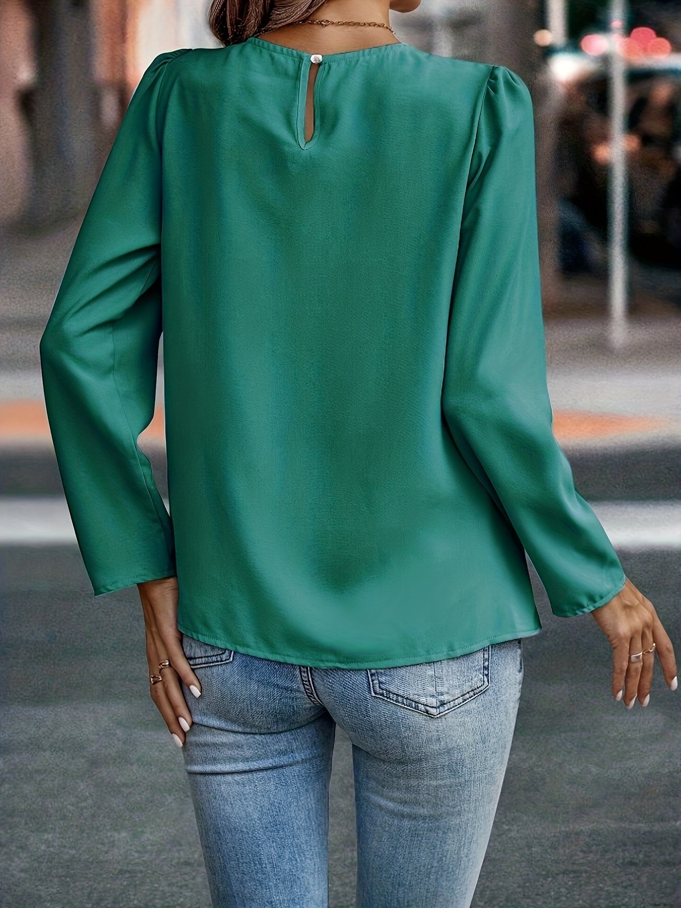 Antmvs  Ruched Solid Blouse, Casual Crew Neck Keyhole Long Sleeve Blouse, Women's Clothing