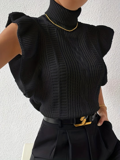 Antmvs Solid Cable Knit Sweater Vest, Casual Turtleneck Ruffle Trim Vest, Women's Clothing
