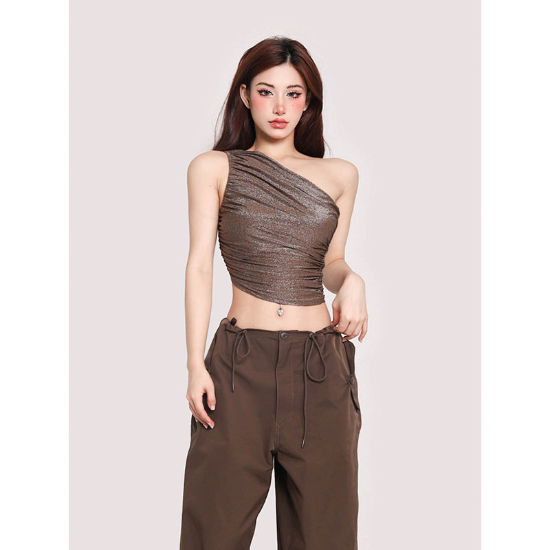 Antmvs Olivia Solid Color Shimmer One Shoulder Pleated Slim Wrapped Cropped Top